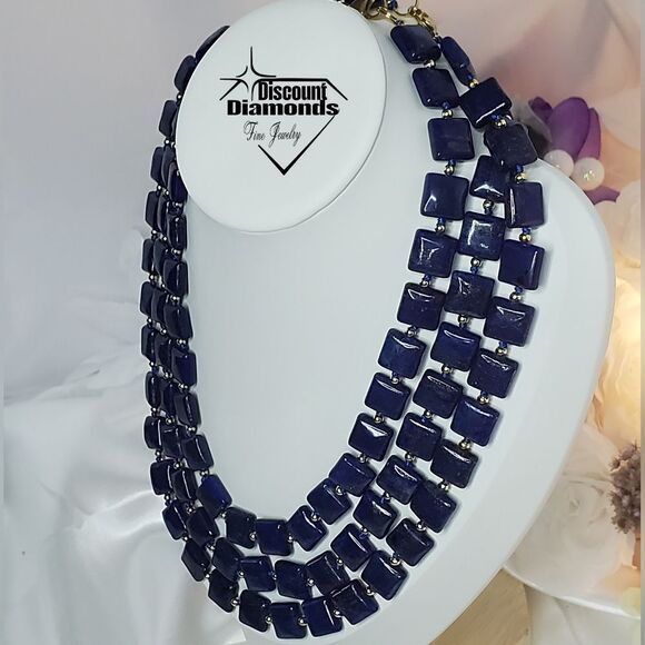 Natural Deep Blue Lapis Lazuli 12mm Flat Square Triple Strand Necklace 14K Gold - Picture 8 of 9